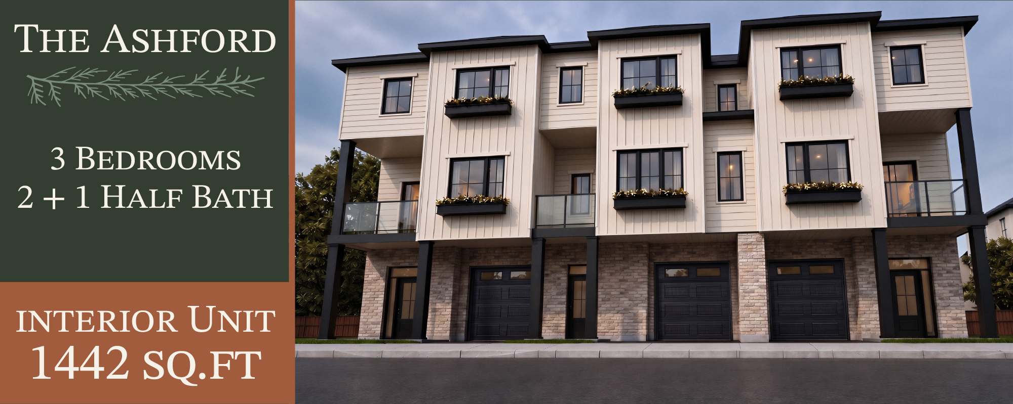 The Ashford exterior, 3 bedrooms, 1442 sq ft, interior unit