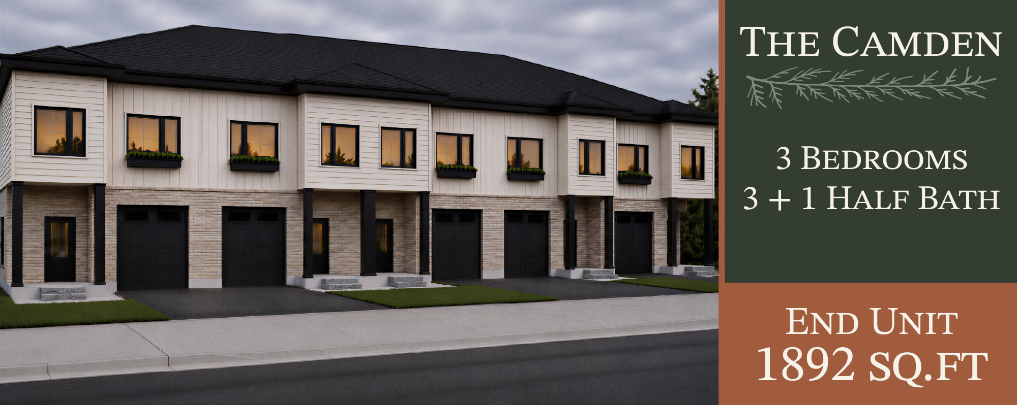The Camden exterior, 3 bedrooms, 1892 sq ft, end unit