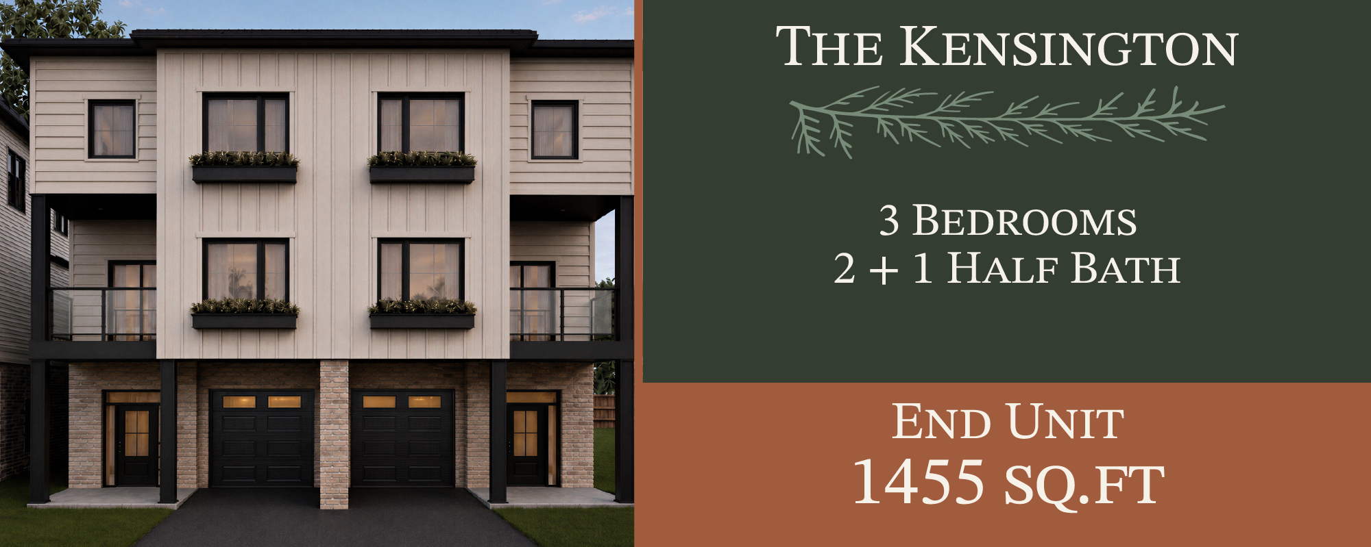 The Kensington exterior, 3 bedrooms, 1455 sq ft, end unit